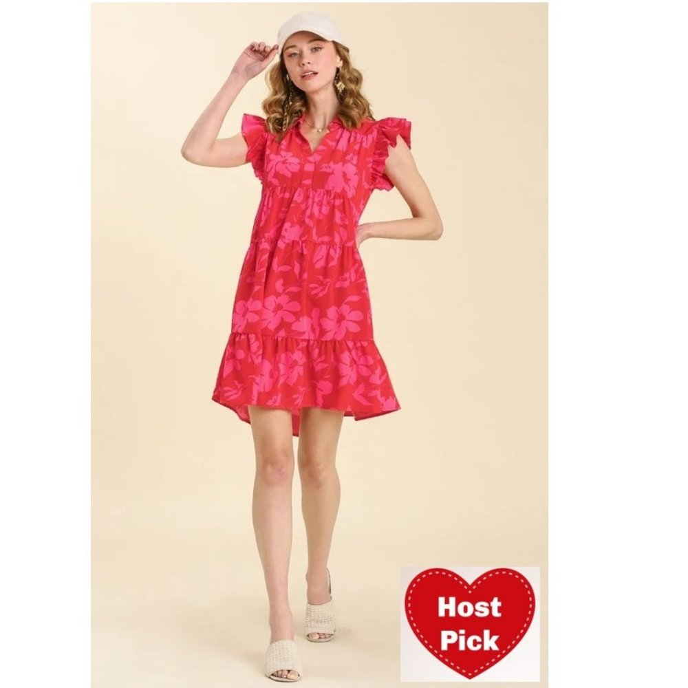 Floral Red Dress - Collar - Short Ruffled Sleeves - Tiered - Plus Size Dresses